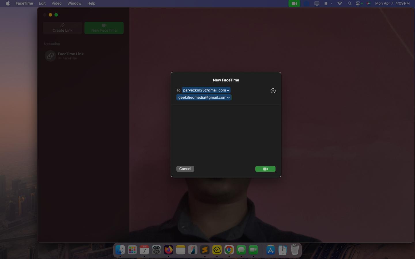 Adding contacts to start a new FaceTime group call on a Mac.