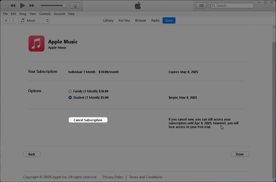 Canceling Apple Music Subscription in iTunes on a Mac.