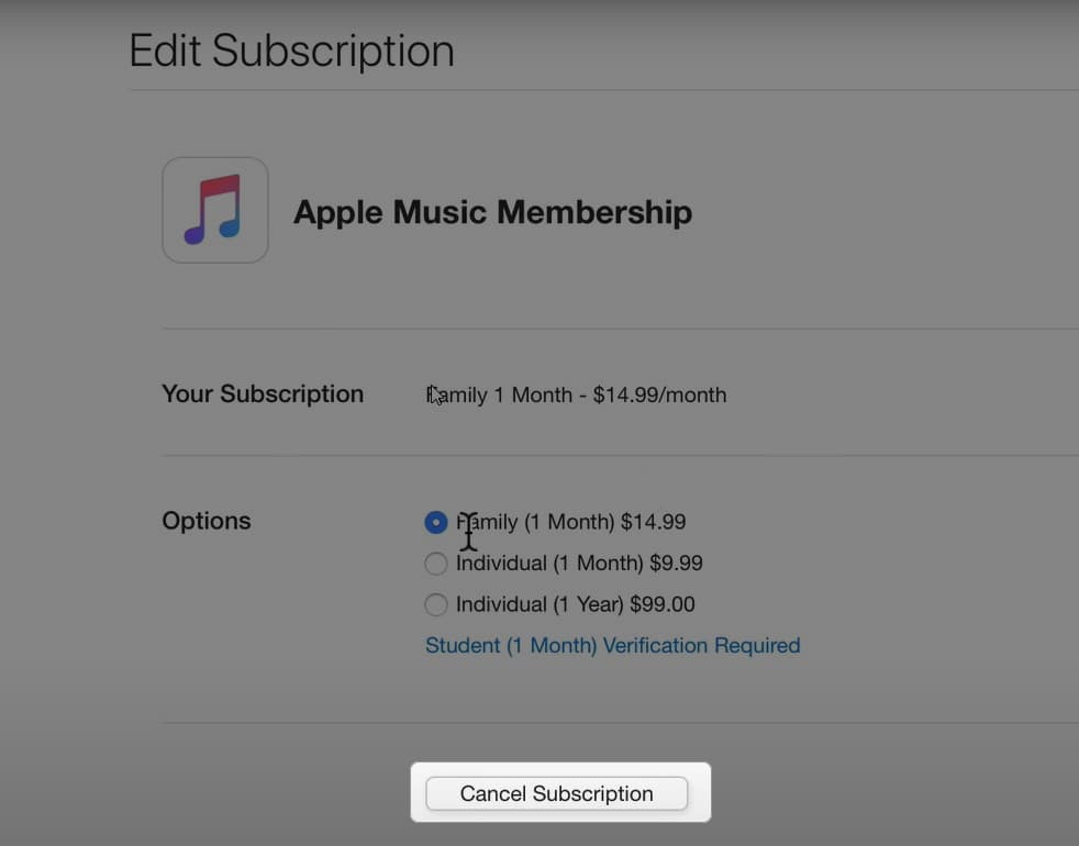 Canceling an Apple Music membership on a Mac.