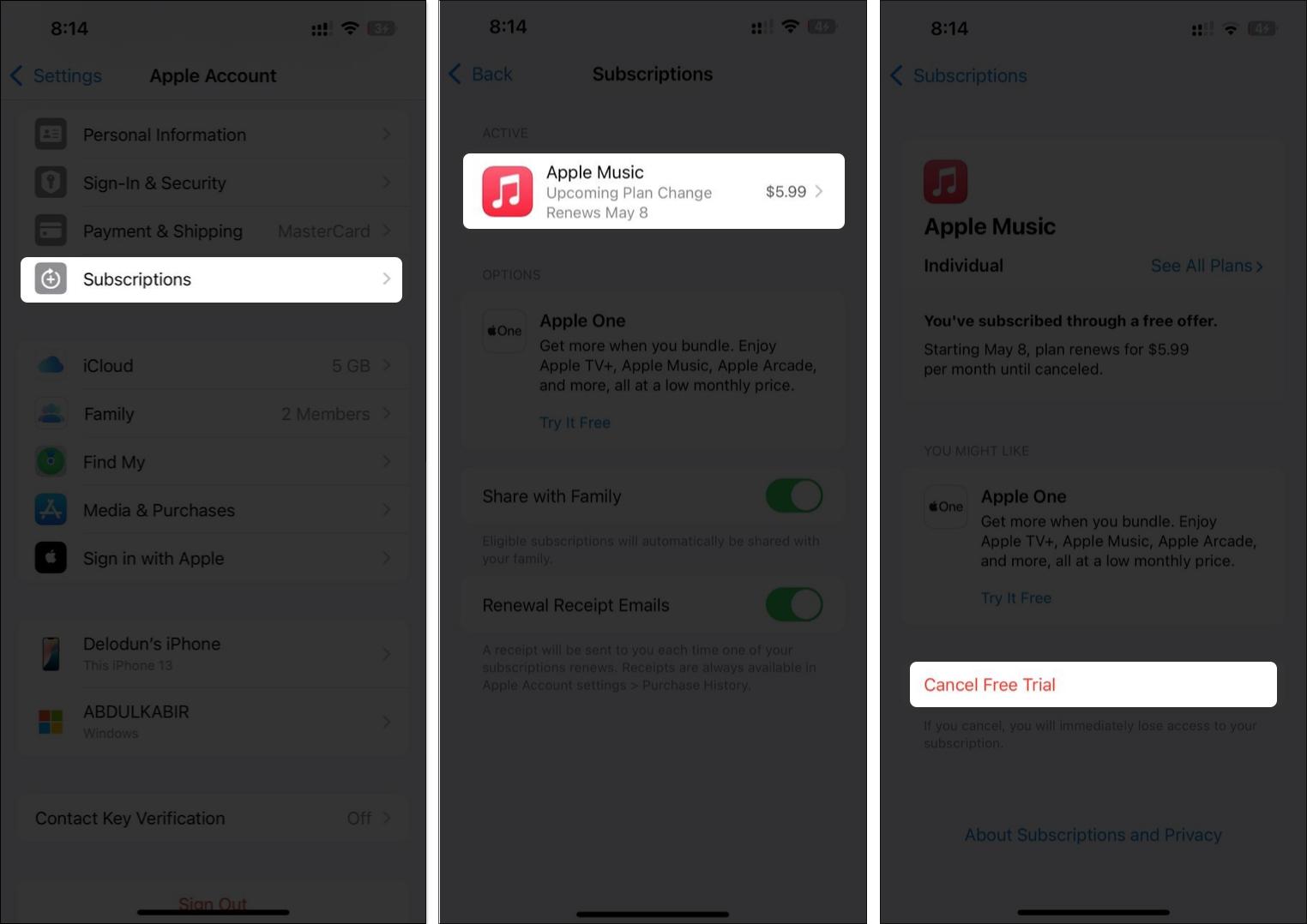Canceling an Apple Music subscription from the Settings app on an iPhone.