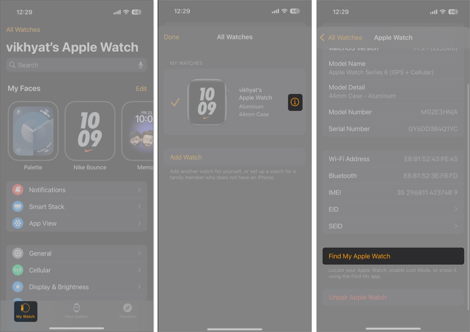 Checking the Activation Lock status on an Apple Watch.