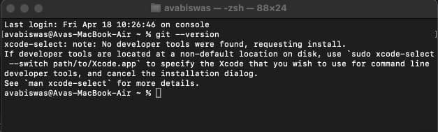 Terminal output suggesting that Git isn't installed on a Mac.