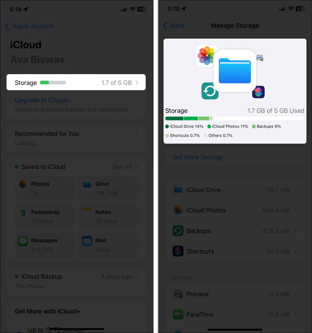 Checking iCloud storage from settings on iPhone