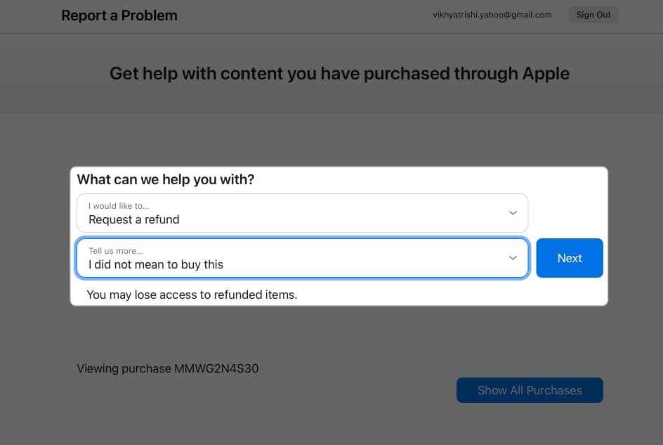 Choose a refund reason and submitting the refund request to Apple on a Mac.