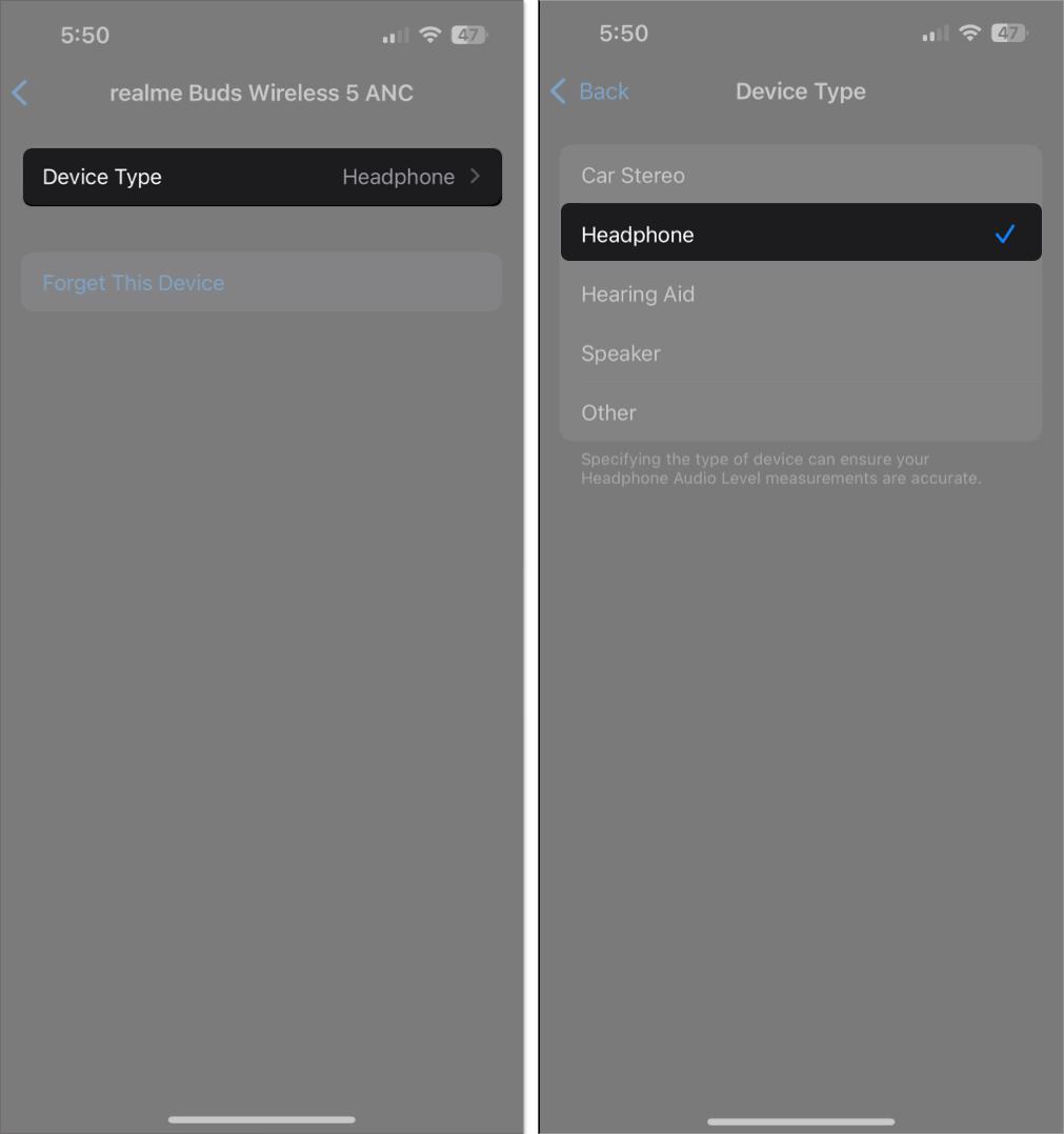 Choose correct device type in bluetooth settings on iPhone