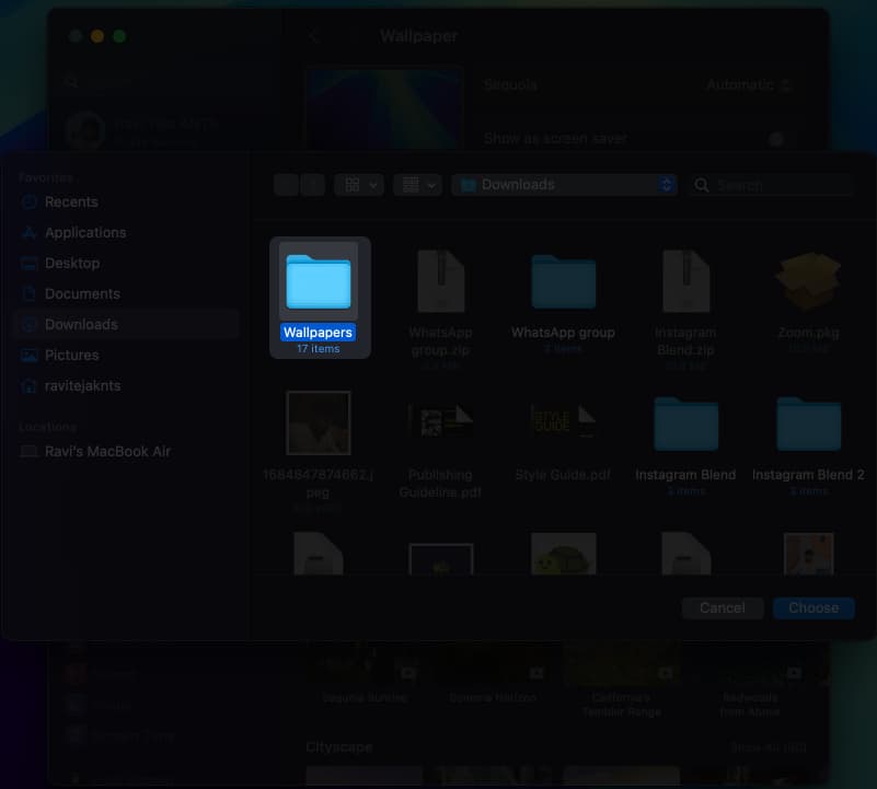 Choosing a folder for auto-rotating wallpapers on a Mac.