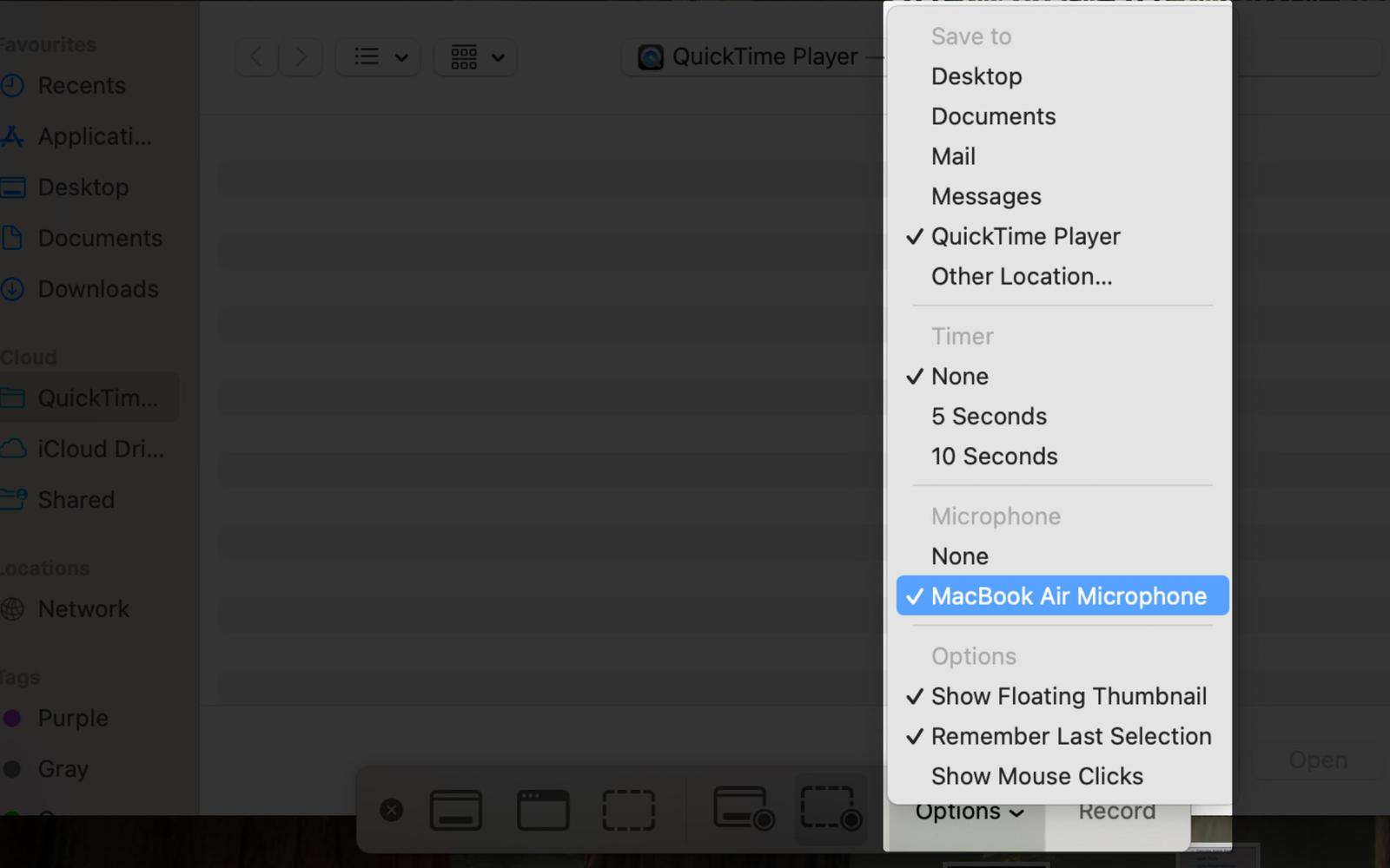 Choose microphone option from settings for screen recording on Mac