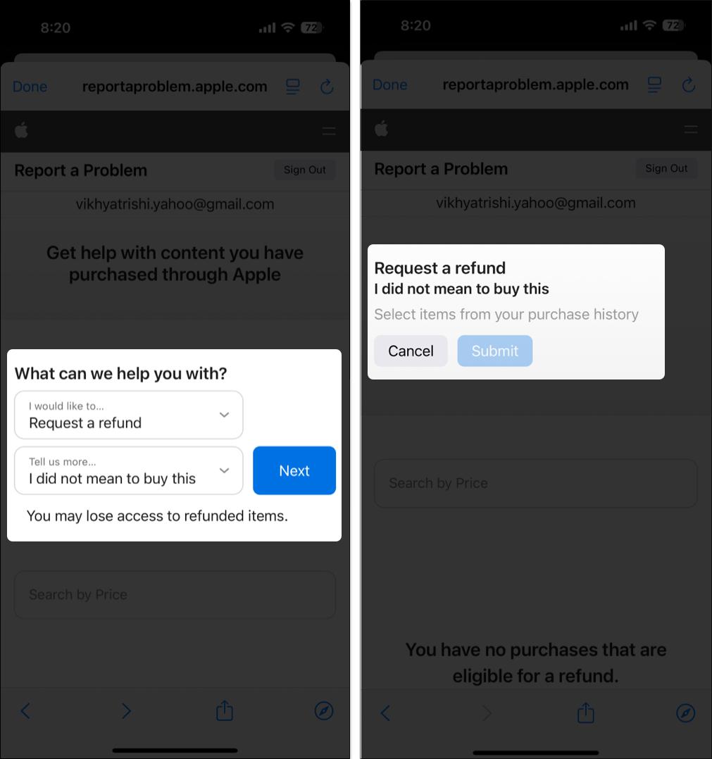 Choose a reason and submitting a refund request via Apple Support app on an iPhone.