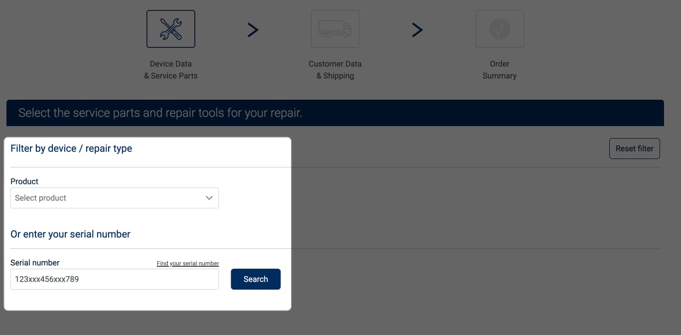 Choose repair type and add serial number to order parts for particular product