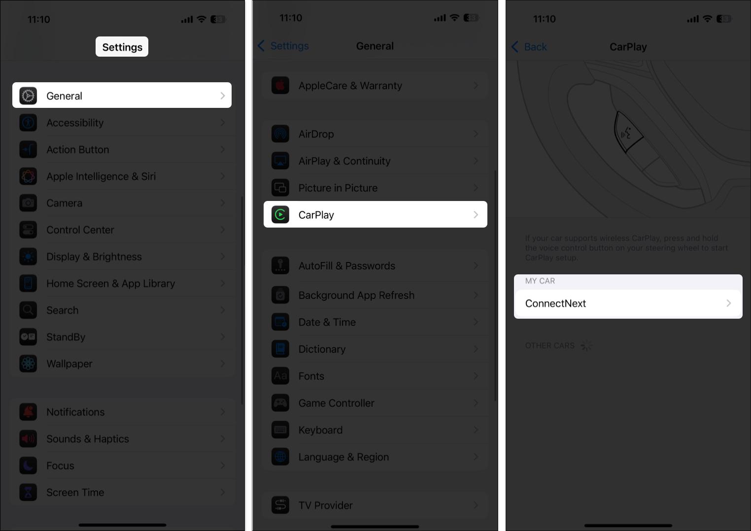 Choose your car under the My Car section in the CarPlay settings page on an iPhone.