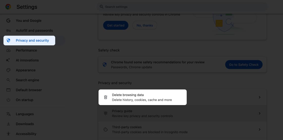 Clear browsing data on Chrome