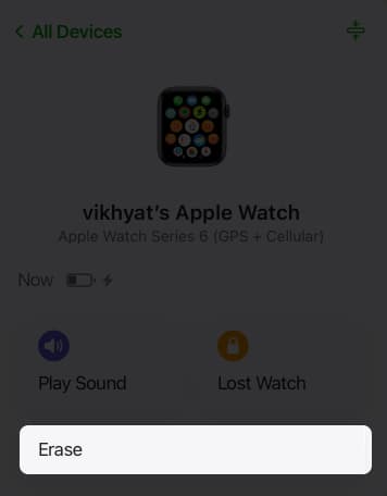 Using the Erase button to erase an Apple Watch from the iCloud website.