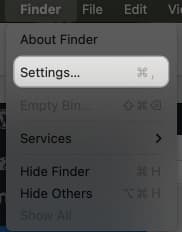 Accessing Finder app settings on a Mac from the Apple menu.