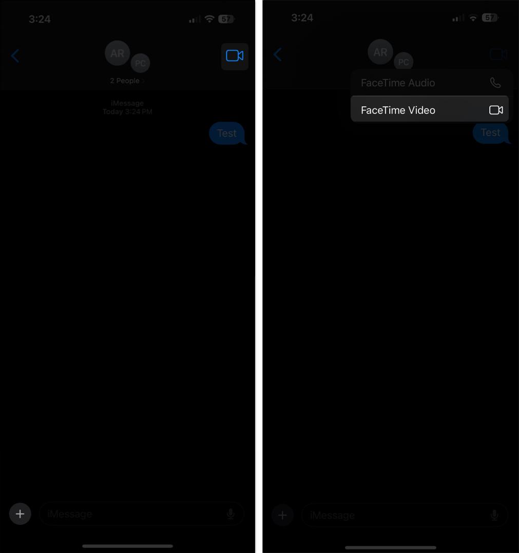 Creating a group of people in Messages and starting a group FaceTime call on an iPhone.