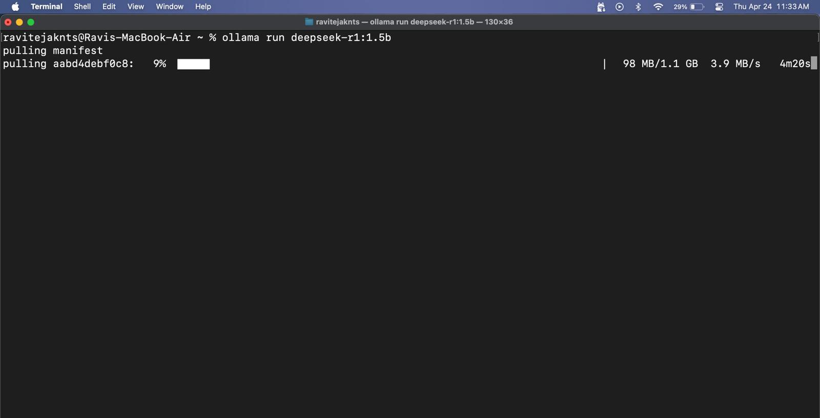 Running the Deepseek R1 model via Ollama in macOS Terminal app.