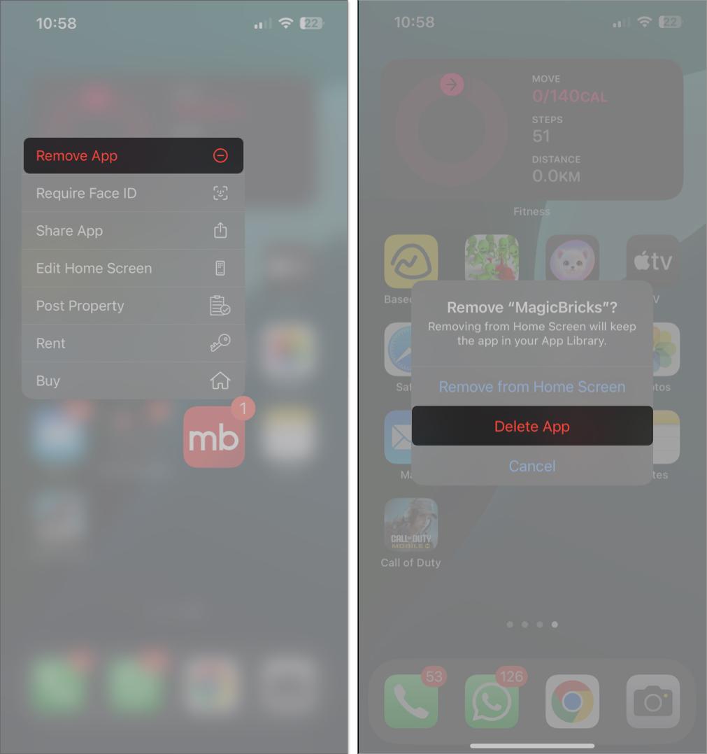 Deleting an app from an iPhone Home Screen.