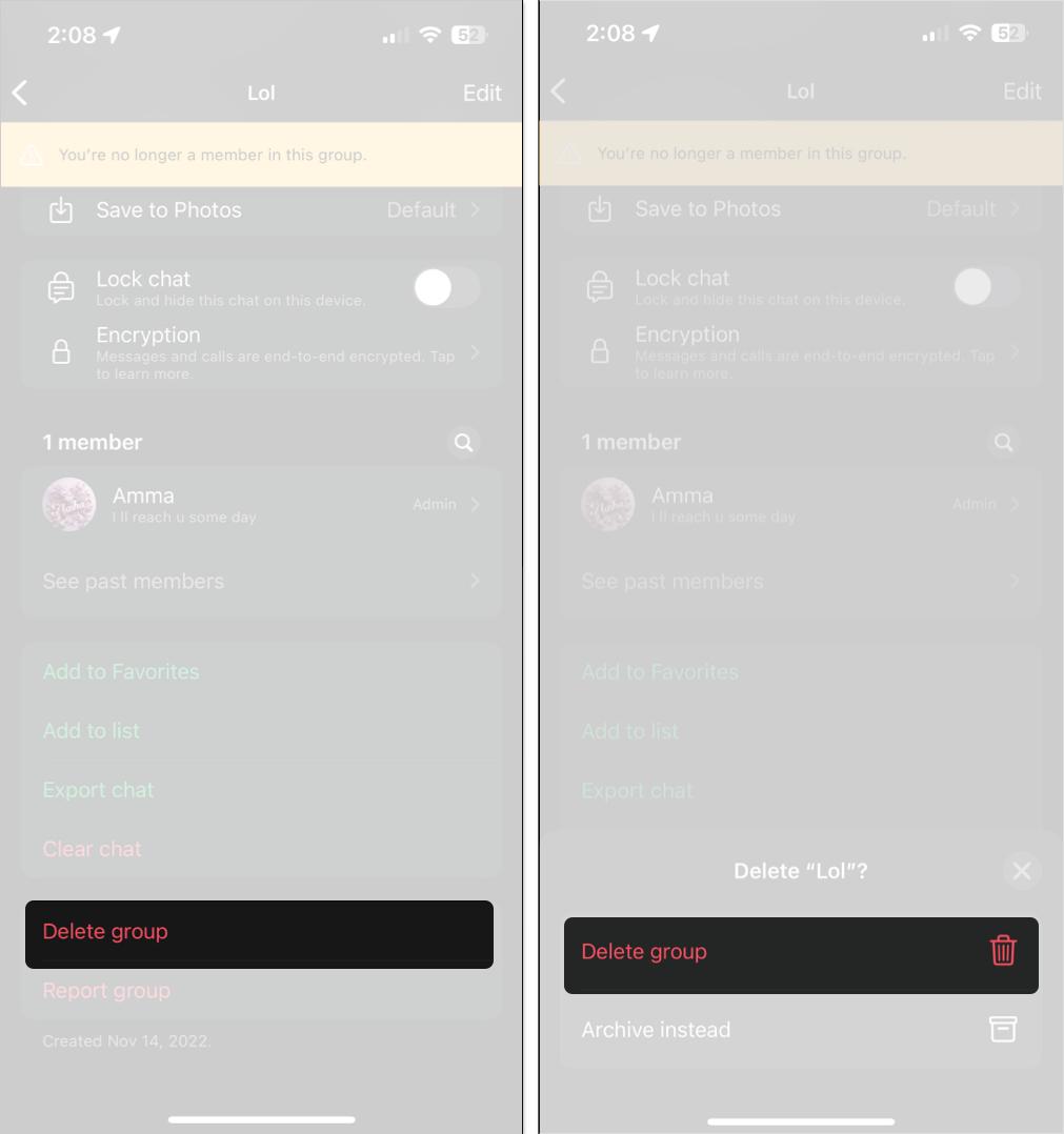 Deleting a WhatsApp group manually on an iPhone.
