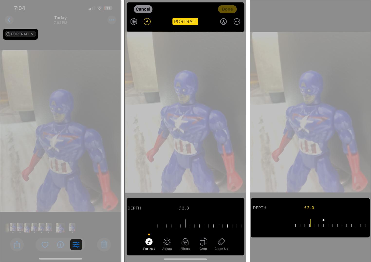 Editing portrait effect after taking a photo on an iPhone.