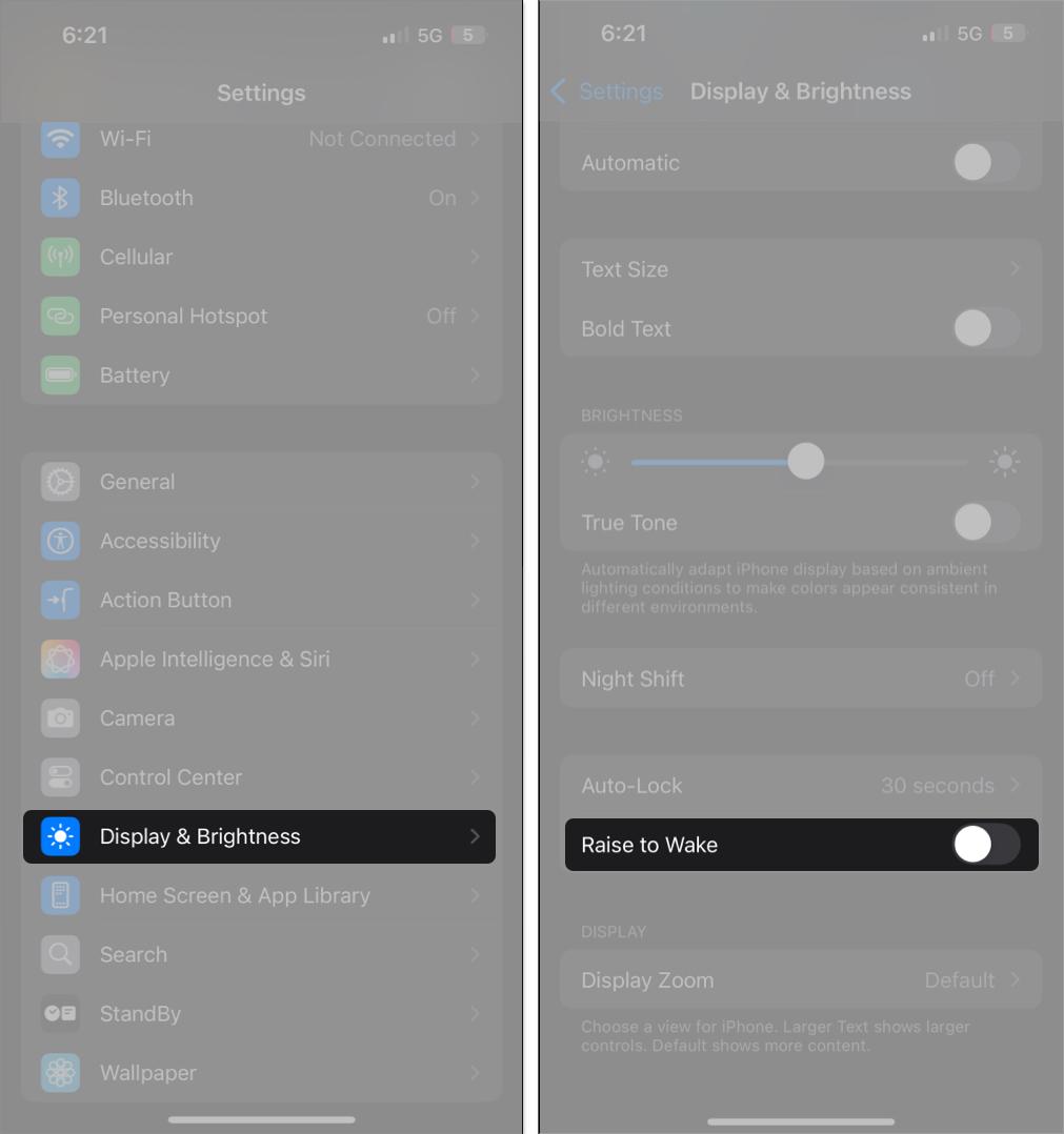 Toggling off the Raise to Wake feature in iPhone Settings.