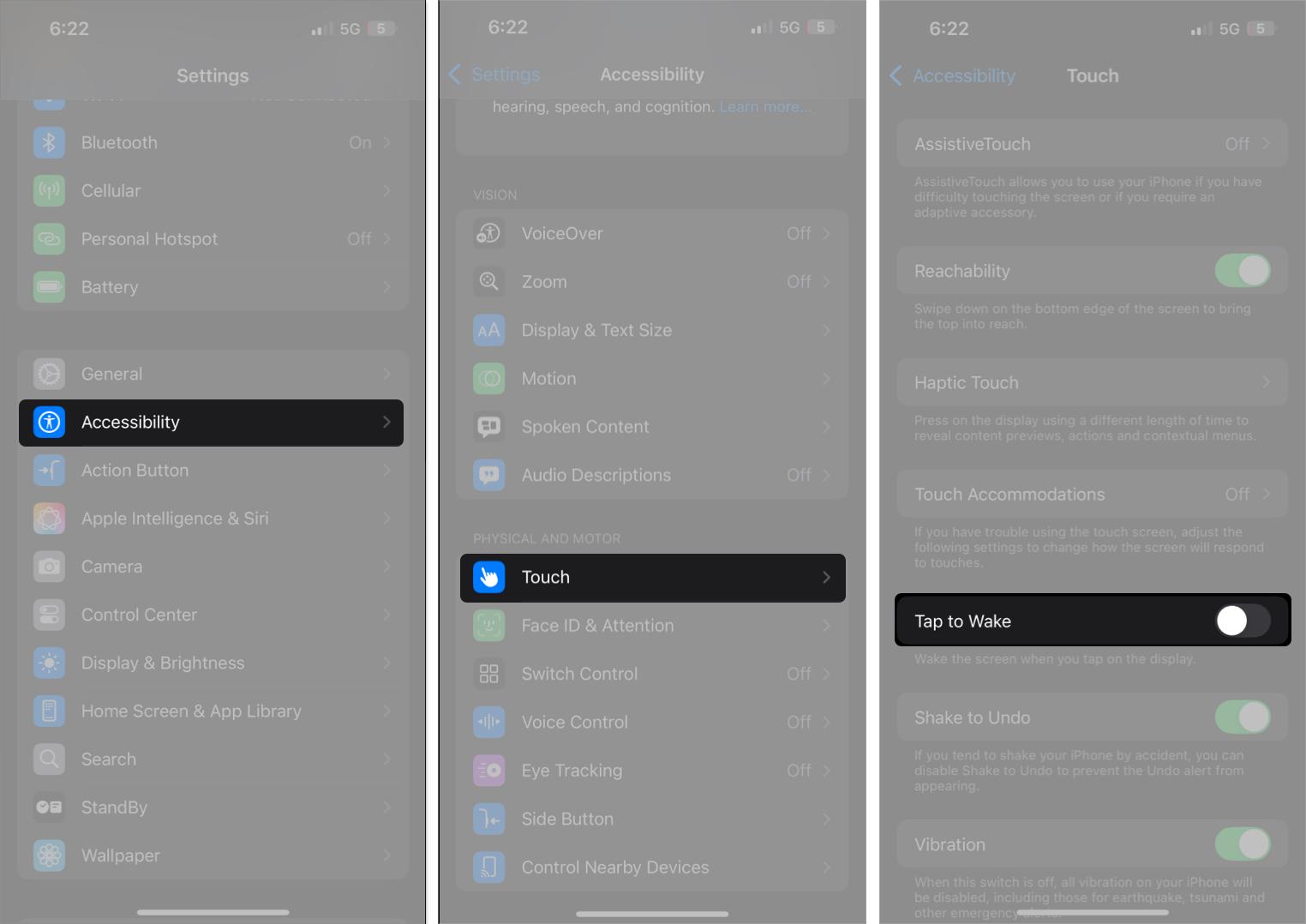 Toggling off the Tap to Wake feature on an iPhone.