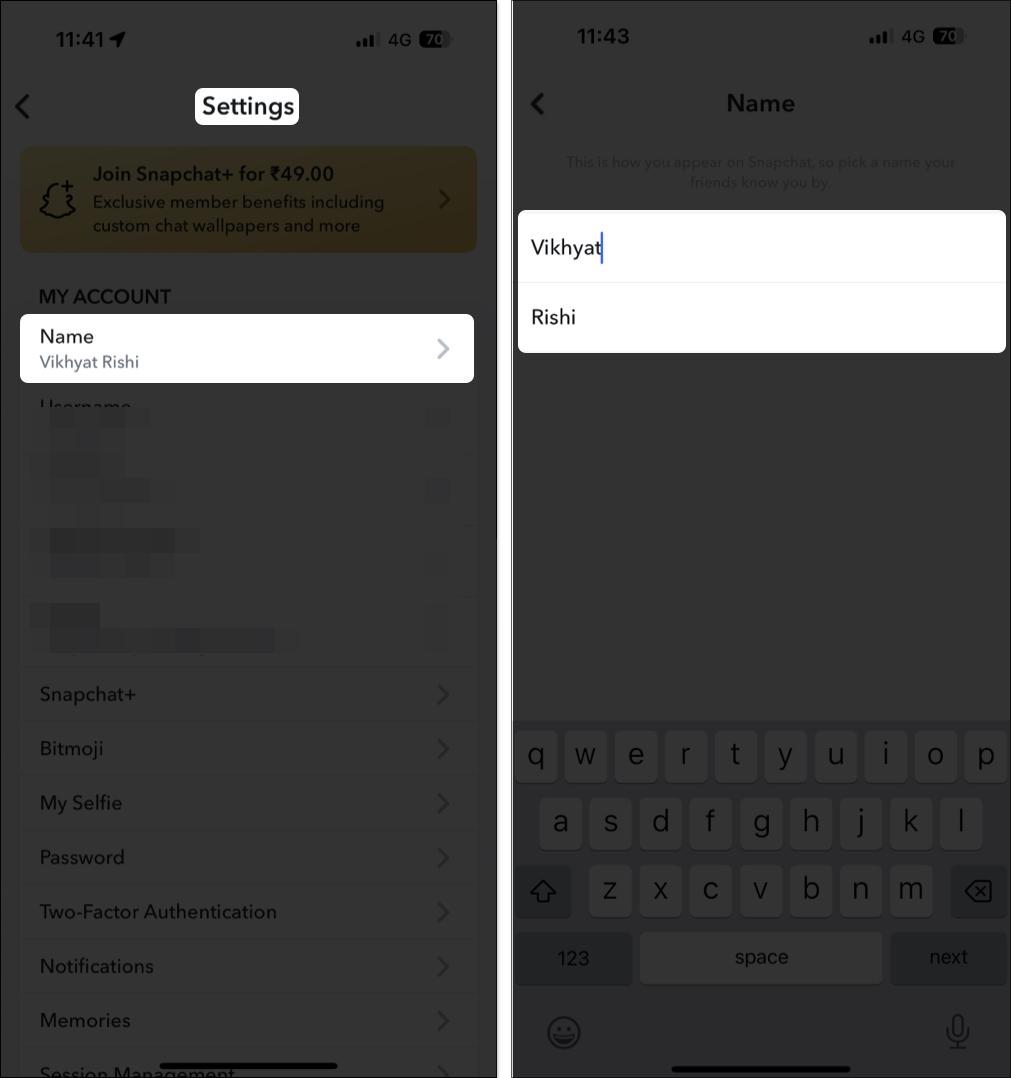enter new display name from snapchat settings