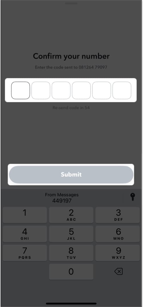 Enter six digit Snapchat password reset code