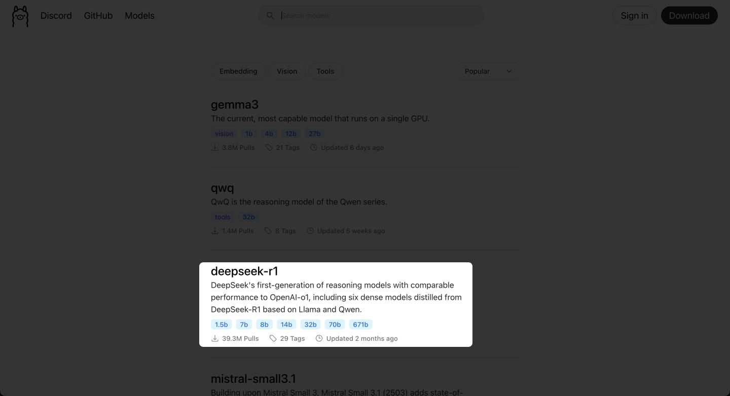 Ollama Search page with a list of all the compatible LLMs.