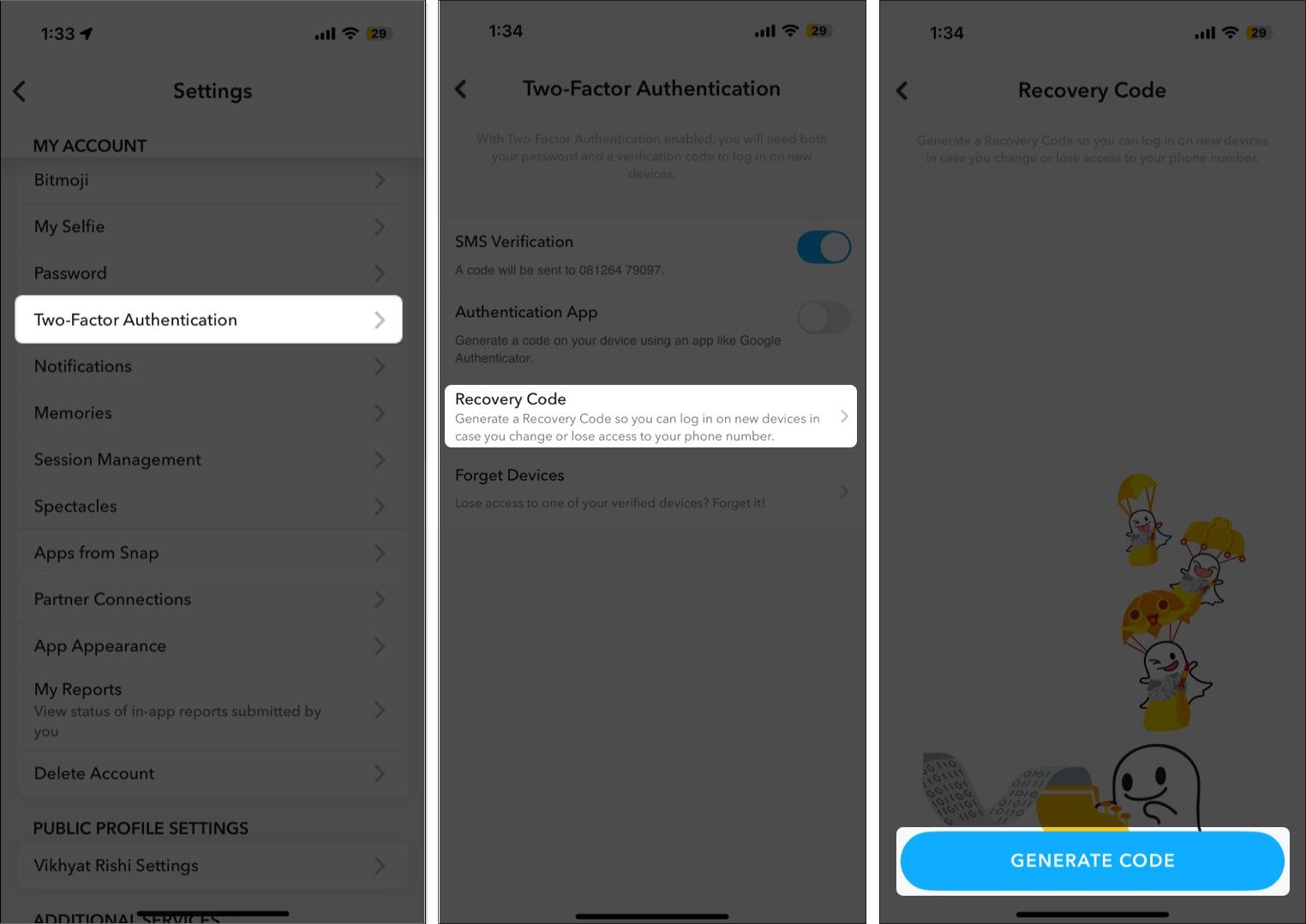 Generate a new recovery code on Snapchat
