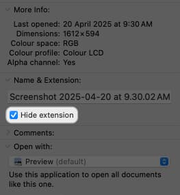 Hide Extension option for single file on a Mac checked off.