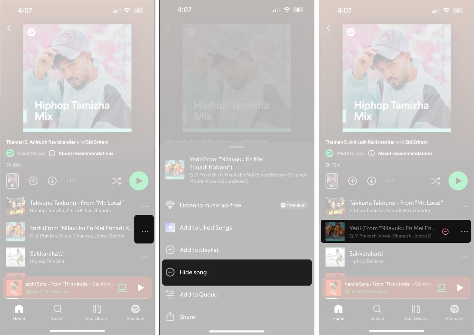 Hiding a song in a Spotify playlist on an iPhone.