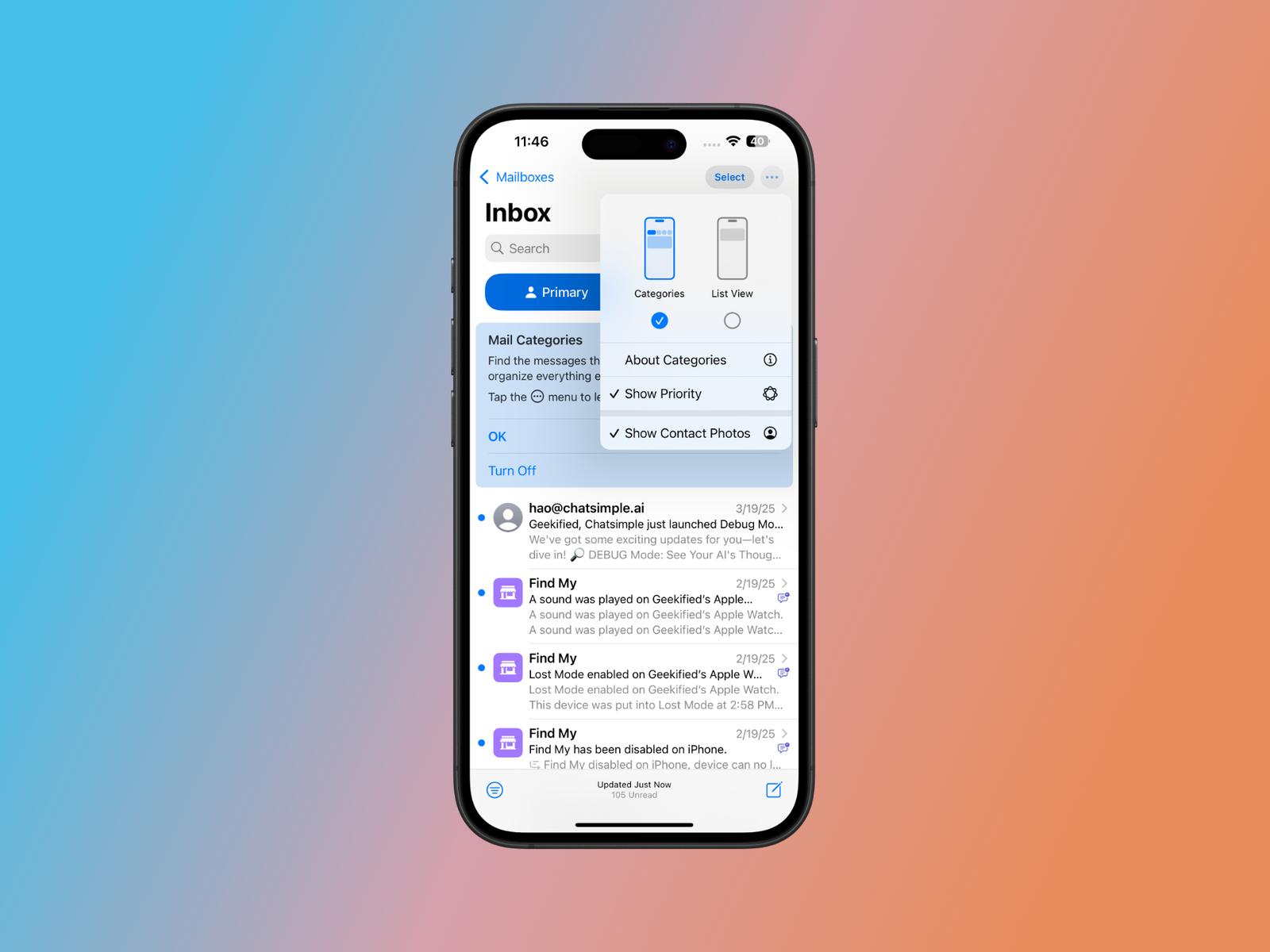 iOS 18.4 beta update - New Contact Photos toggle in Mail app menu.