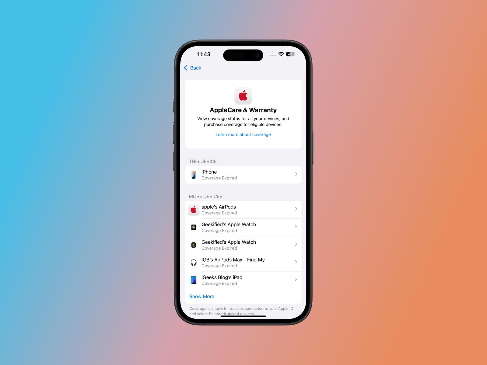iOS 18.5 AppleCare access in Settings.