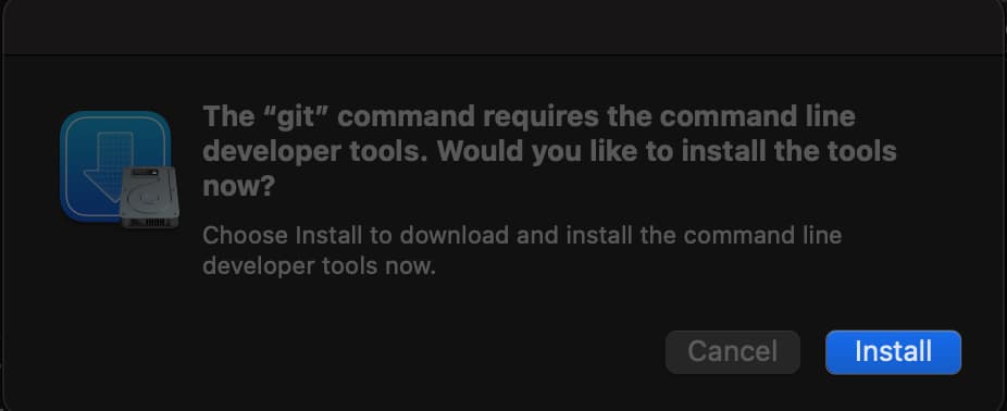 Prompt asking to install Git on a Mac.