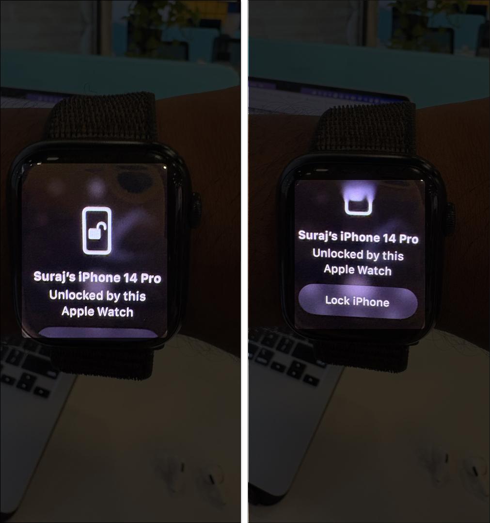 Lock iPhone button in the Unlock with Apple Watch prompt to lock the iPhone again.