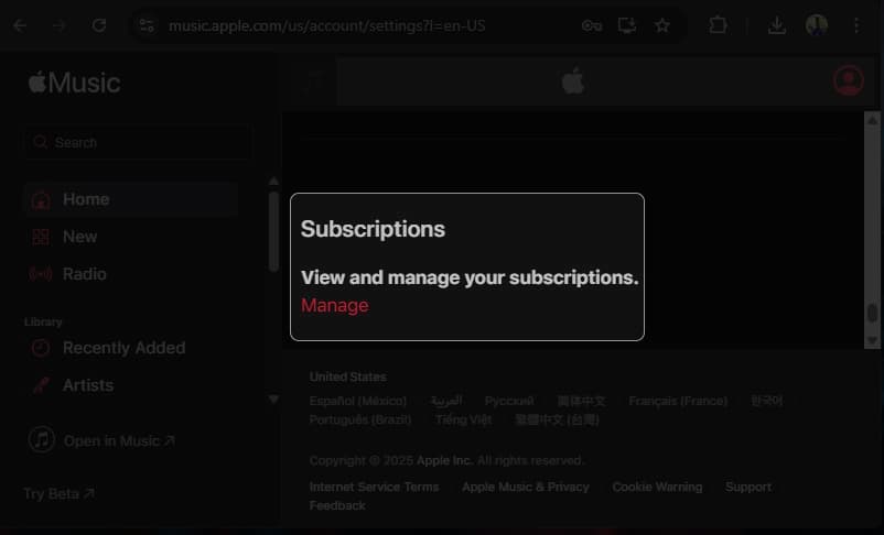 Choosing the Manage option on Apple Music's website to manage subscriptions.