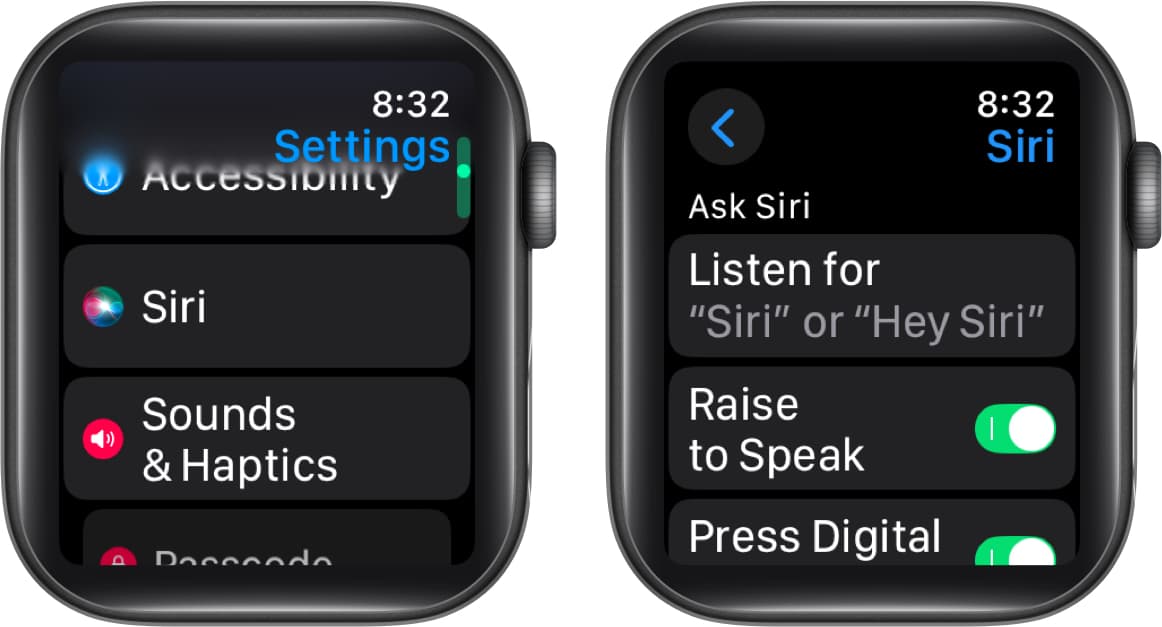 Accessing Siri settings on an Apple Watch.