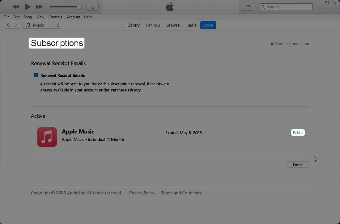 Edit button on the Subscriptions page in iTunes.