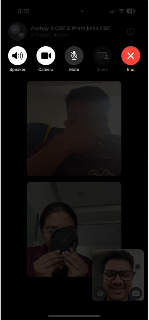 Speaker, Camera, Mute, and End buttons in iPhone FaceTime app.