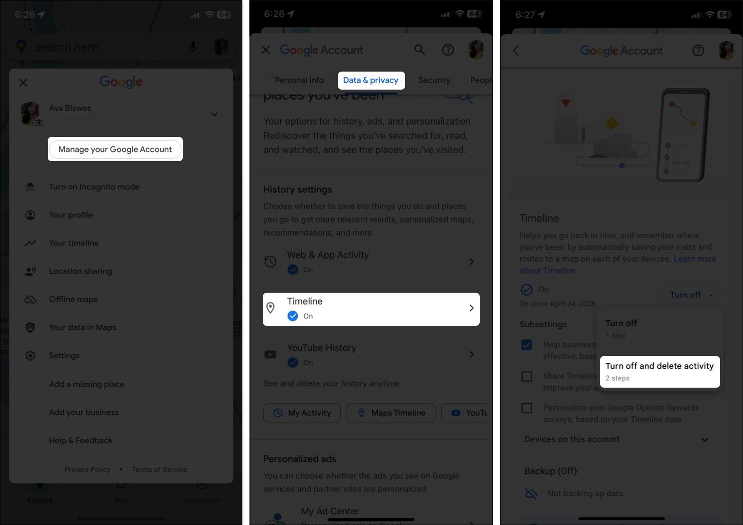 Manage location history from the Google Account settings