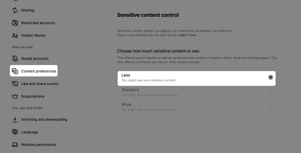 Manage sensitive content settings from Instagram on browser