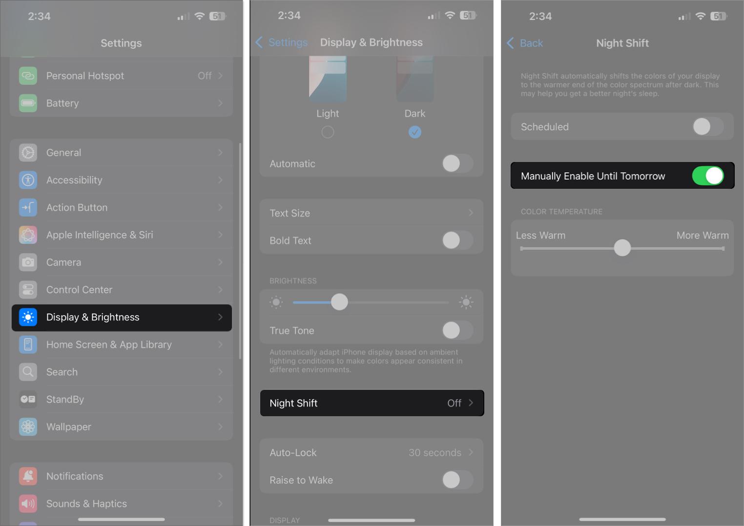 Manually turning on night shift mode on iPhone