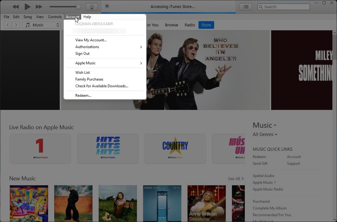 Accessing Account settings in the iTunes app on a Mac.
