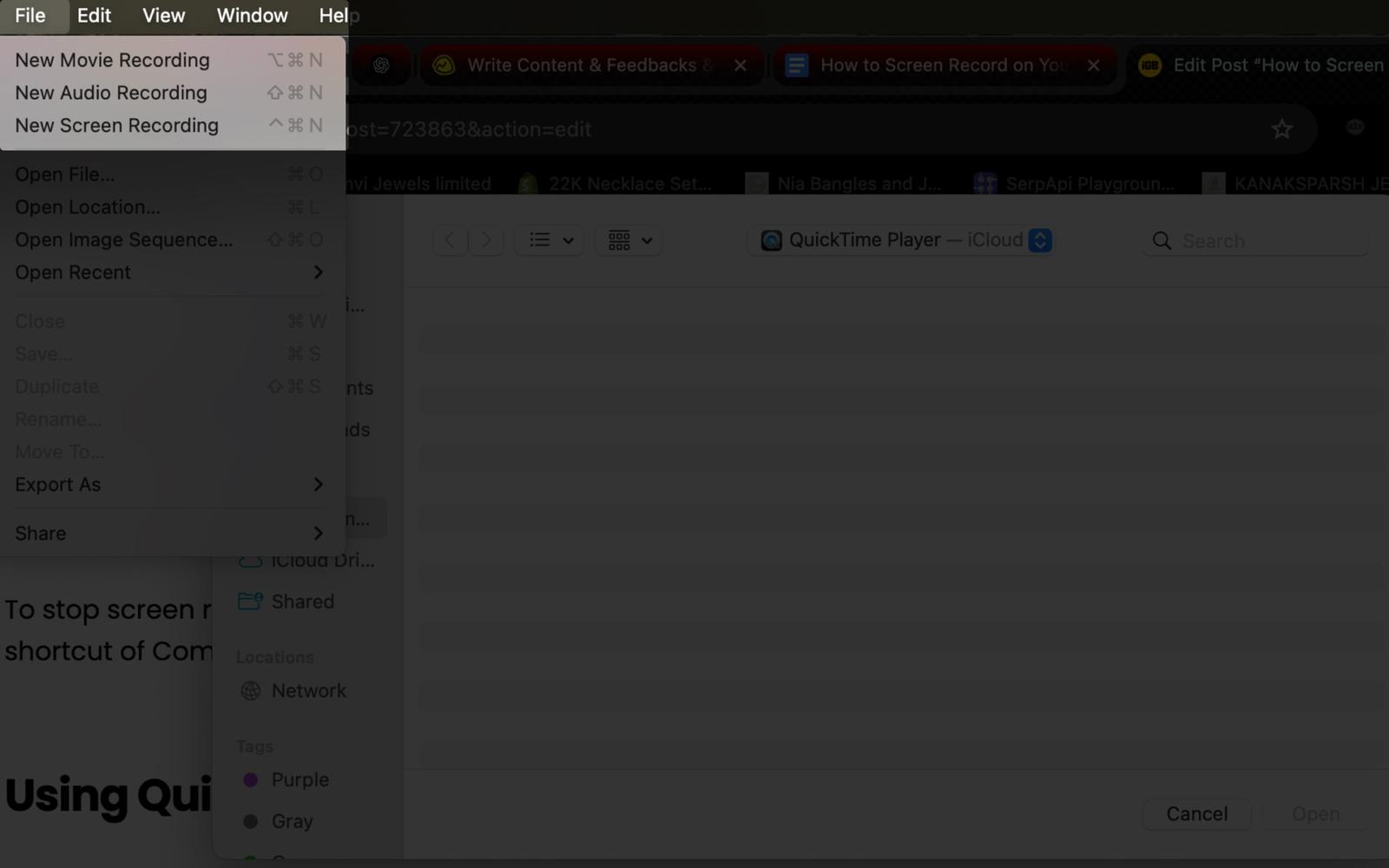 Open file from menu bar and click on new screen recording option on Mac