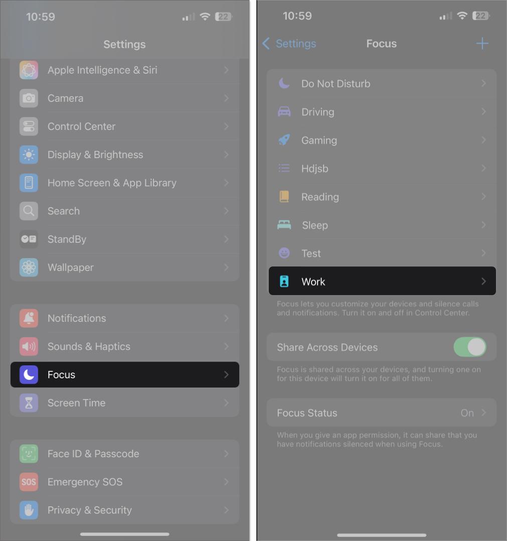Accessing Focus settings on an iPhone.