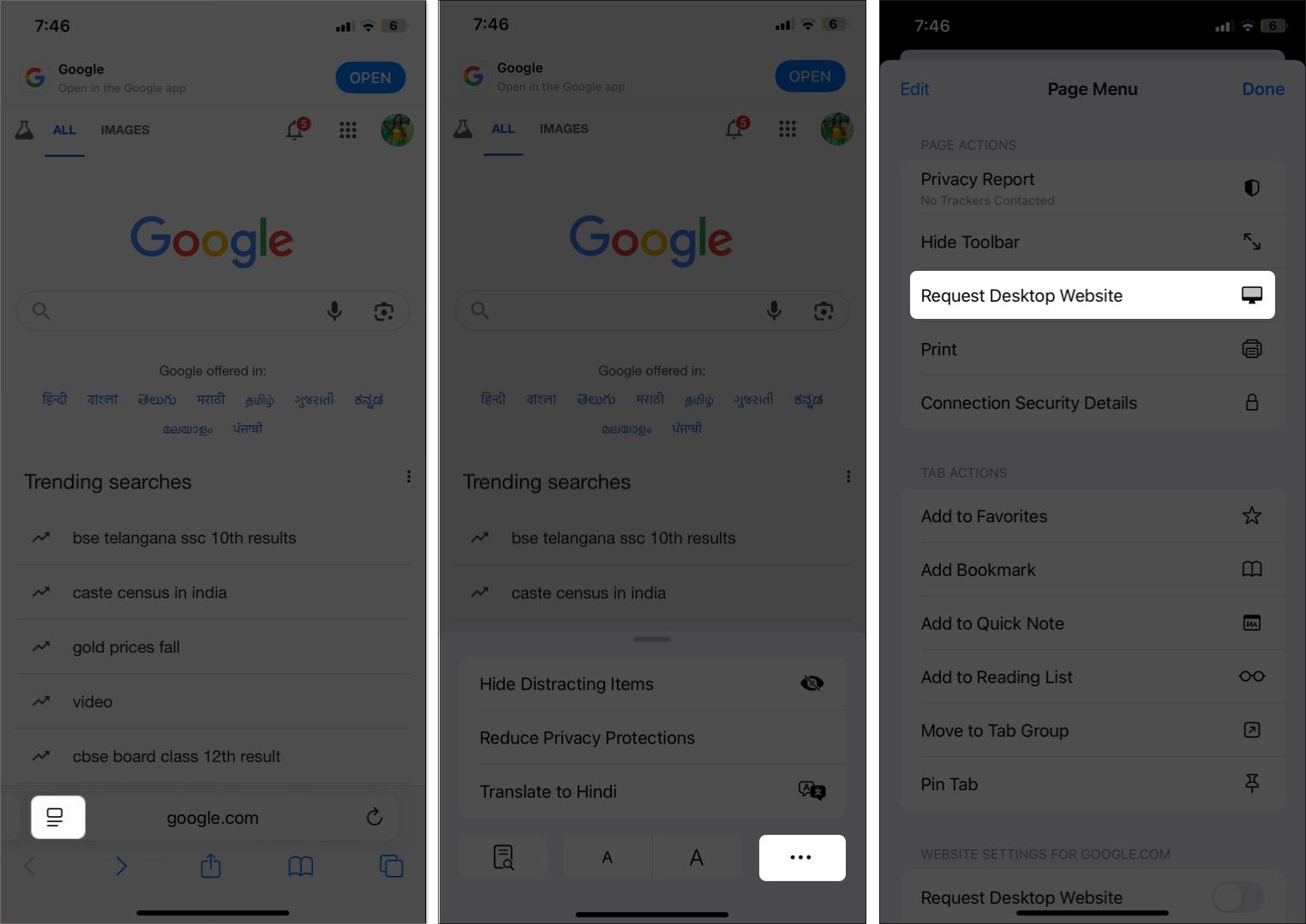 Open Google website in Safari in desktop website