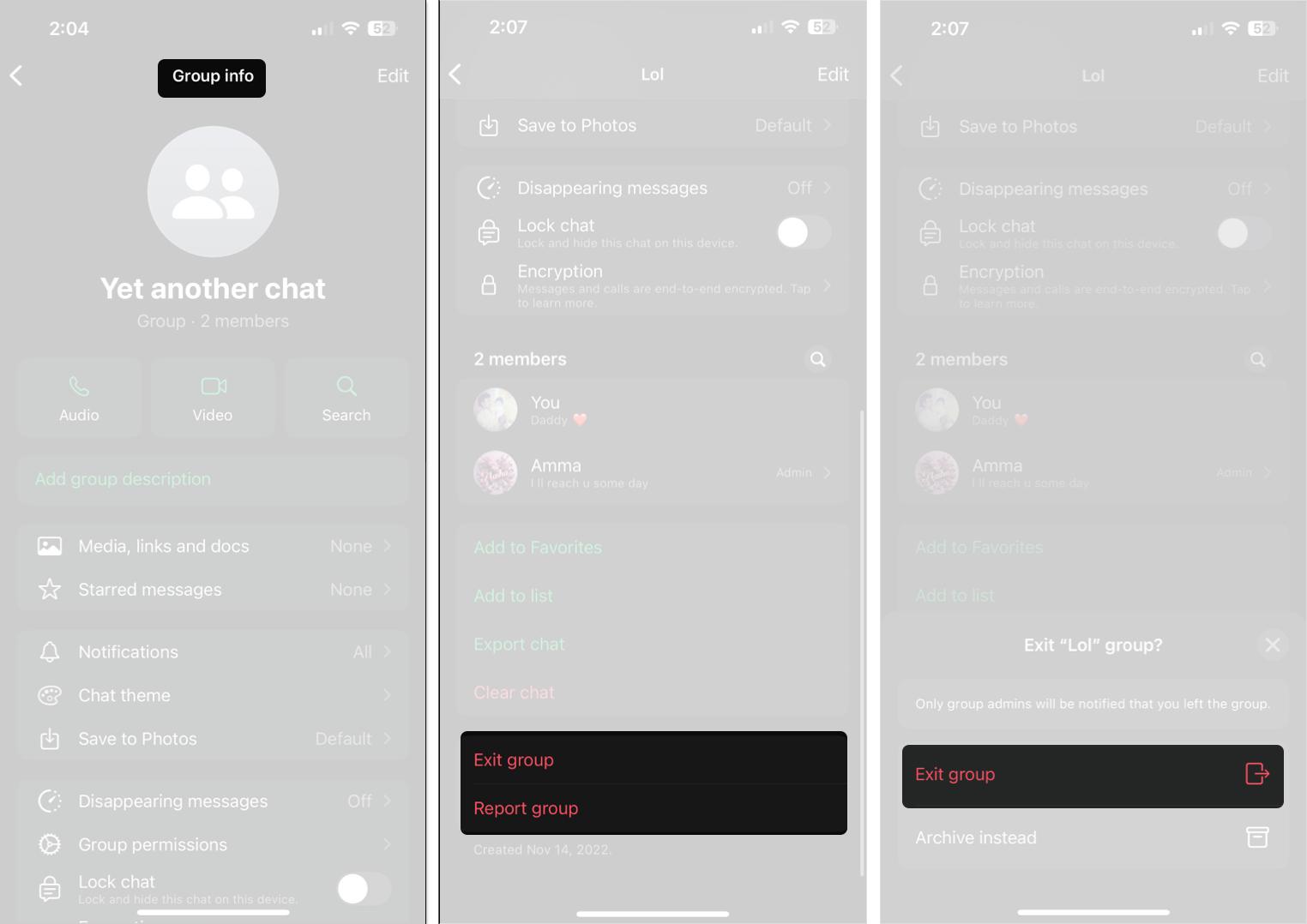 Accessing the Group Info page and using the Exit Group option to exit a WhatsApp group on an iPhone.