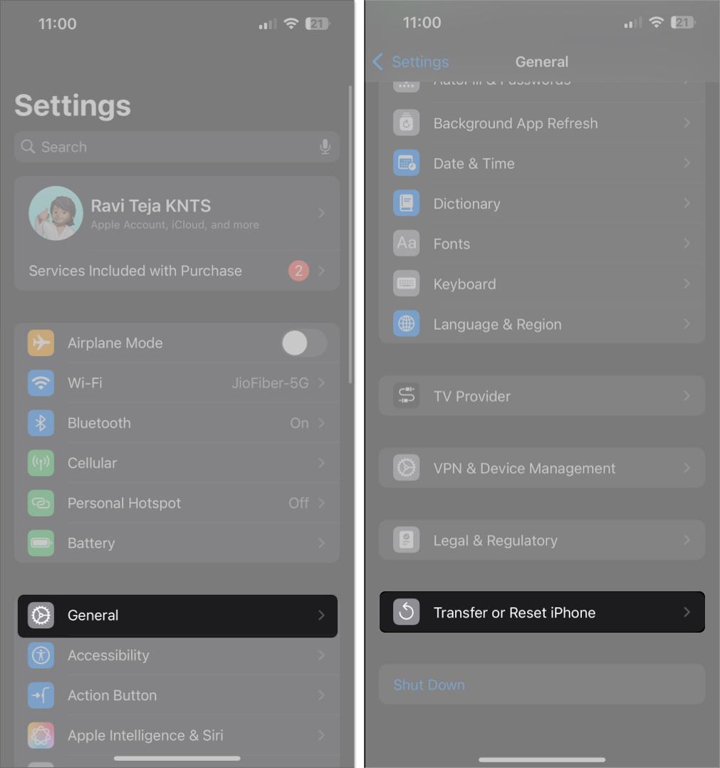 Accessing the Transfer or Reset iPhone option in the iPhone Settings app.