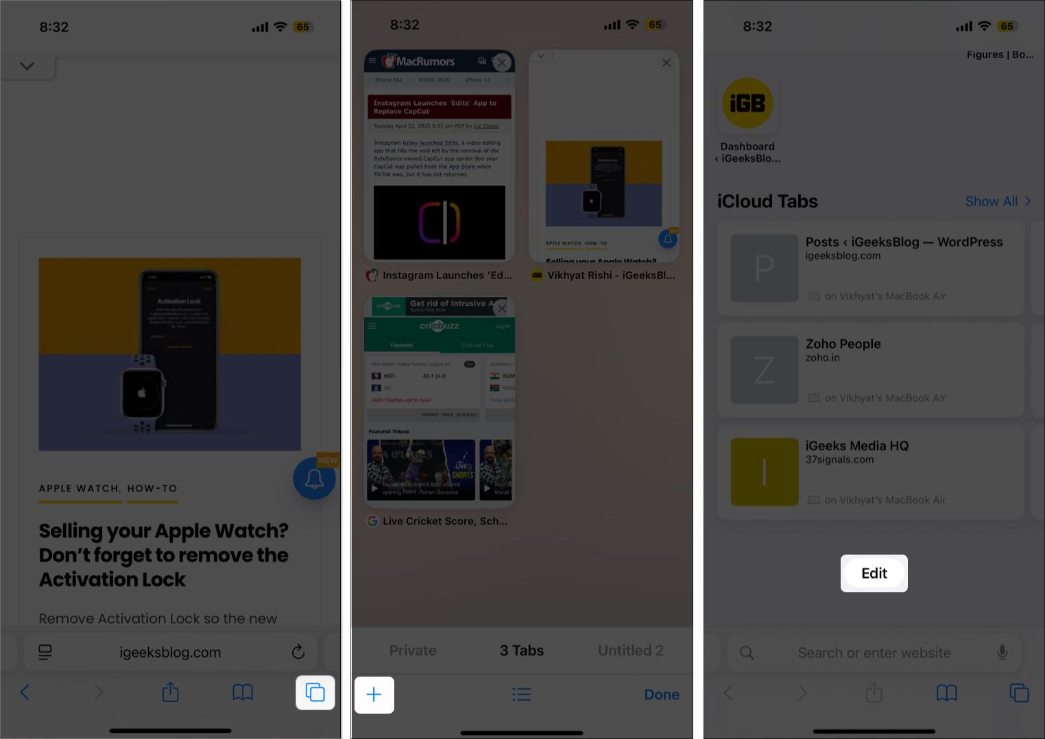 Accessing the Edit button on a Safari tab on an iPhone.