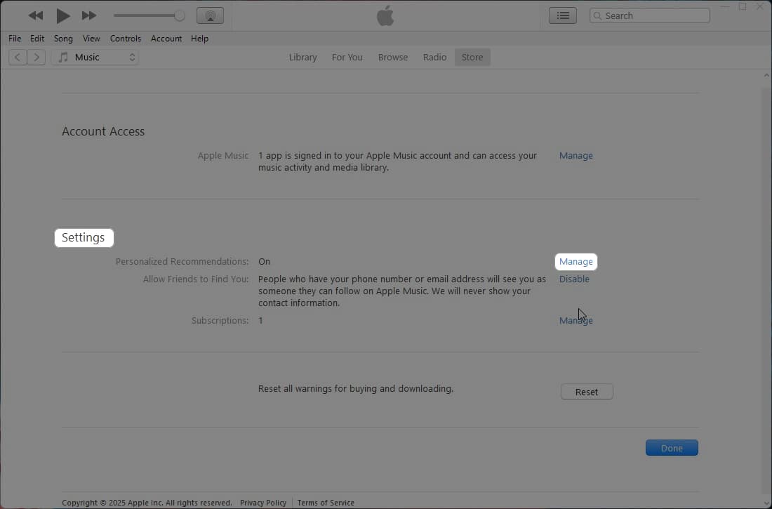 Accessing the Manage option in iTunes account settings.