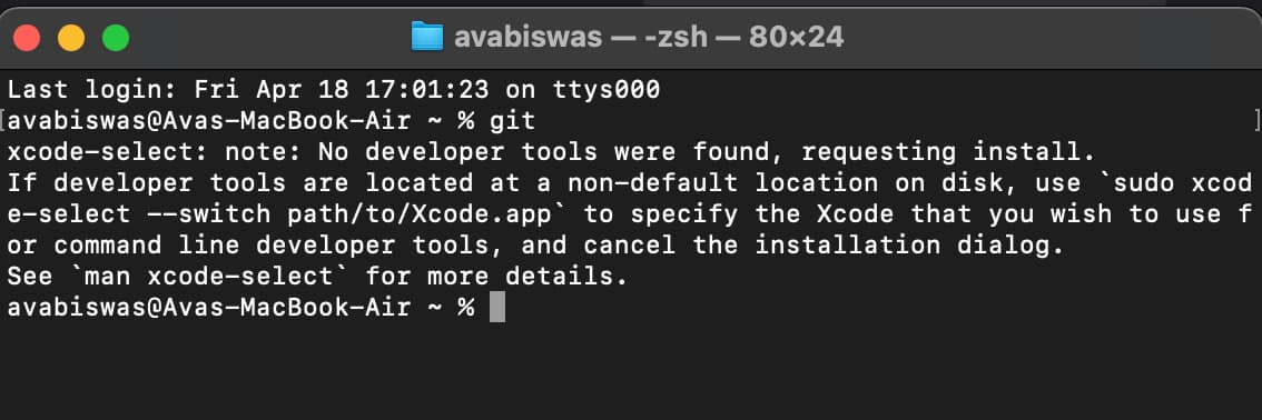 Running the git command in the Mac Terminal app.